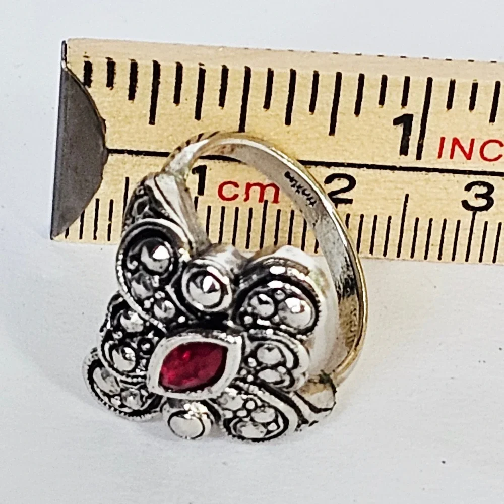 Vtg 90's Witchy Gothic Statement Ring Red Faux Ruby Marcasite Art Deco Silver - Picture 10 of 11